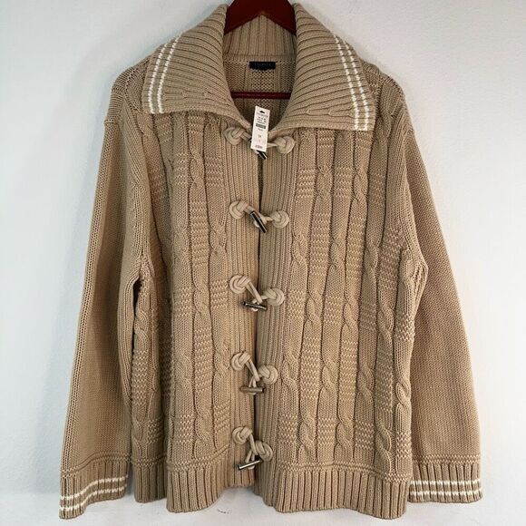 Talbots Tan Chunky Cable Knit Coatigan Cardigan Womens 1X NWT Toggle Closure - Picture 1 of 9